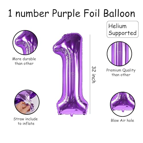 Image of Purple 1 Number Foil Balloon with Crown & Base Balloons | 32 Inch Helium Supported for Birthday, Anniversary, Baby Shower Decoration - Pack of 14