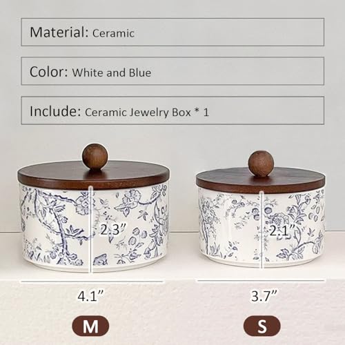 Eherdm 1114DMZS23XHW1-2 Porcelain Jewelry Box With Lid Wood Blue And White Jewelry Box Aesthetic Vintage Floral Ceramic Round Jewelry Box Decorative thumb #5