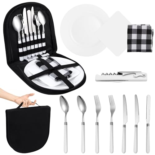 Camping Besteck Set Portable 13 Teiliges Edelstahl Picknick-Set Geschirr Set mit Löffel Gabel Schüssel für Picknick Camping 2 Personen