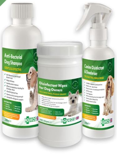 Aqueos Dog Owner Starter Kit, 200ml Shampoo, 200ml Disinfectant and Deodoriser Spray and 200 Wipes for Dogs, Alcohol-Free - Anti-itch shampoo