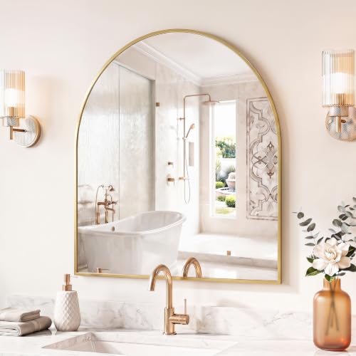 Image of Sweetcrispy 31 inchx32 inch Arched Gold Bathroom Mirror, Bathroom Mirrors for Over Sink, Modern Wall Mirrors Arch Decorative for Entryway, Bedroom, Vanity,Horizontal or Vertical Hanging