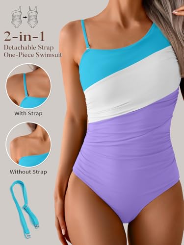 Image of Aidonger One Shoulder One Piece Swimsuit for Women Tummy Control Bathing Suits Color Block Ruched Swim Suit Slimming Swimwear