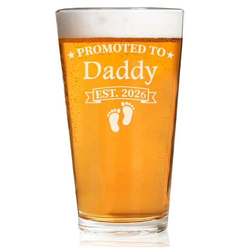 CARVELITA Promoted To Daddy Est 2026 Beer Glass, 16oz Engraved Pint, New Dad Gift, First Time Daddy Beer Glass, Dad To Be Present, Christmas or Father’s Day Gift Idea