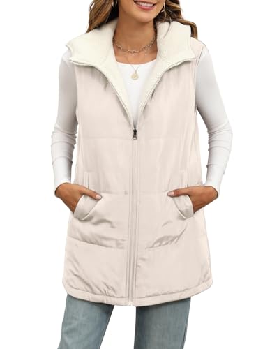 Xieerduo Long Puffer Vest Women Hooded Sleeveless 2024 Fall Winter Fleece Coat Zip Up Sherpa Lined Jacket Pockets Reversible Quilted Beige M thumb #2