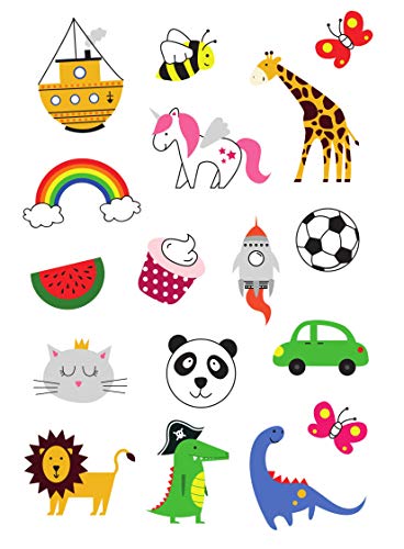 Tatouages temporaires pour des enfants, filles et garcons, design mignon et coloré, licorne, dinosaure, papillon, fête, anniversaire, feuille double, 34 tatuages, de Tatsy Cover