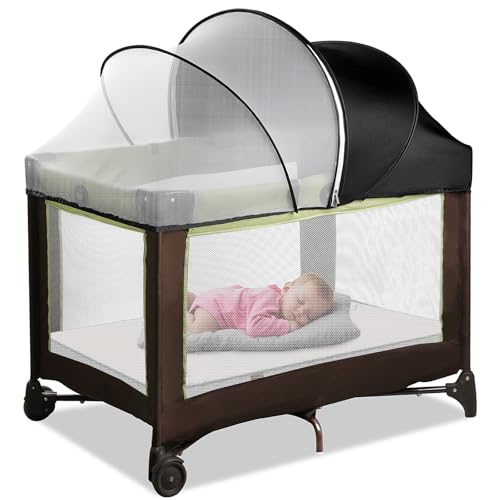 WANRU Pack N Play Tent Cover & Bassinet Canopy - Half-Blackout Breathable Mosquito Net with 2-Way Zipper for Bassinet Travel Crib Mini Crib & Playpen to Keep Cats Out (Black-Large)