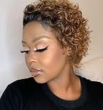 Ombre Short Pixie Cut Lace Front Wigs Human Hair for Black Women 150% Density Short Curly Lace Front Wigs Human Hair 13x1 Transparent Pixie Cut Lace Wig Pre Plucked Glueless Curly Lace Wig T30#