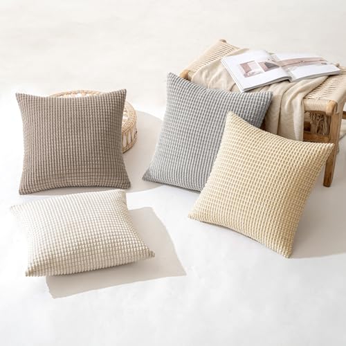 MIULEE Neutral Harmony Decorative Pillow Covers 18x18 Inch Set of 4 Rustic Farmhouse Boho Soft Throw Pillows Corduroy Couch Pillowcases Nordic Home Decor for Sofa Living Room Bed