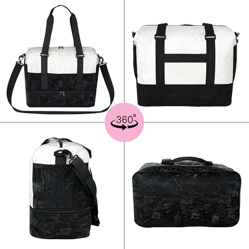 Image of Storite Polyester Duffle Bag with Shoe Compartment, Black /White, 34x23x43cm | Water Resistant, Lightweight, Large Capacity, Spacious Storage, Travel, Gym, Sports, Weekend Trips