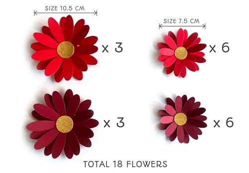 Image of Red Daisy Flower Wall and Party Decor. This Easy Decor kit Comes with 18 Paper Flowers, Needle, 10 feet Satin Ribbon and Sticky Foam Squares.
