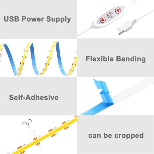 Tira de luces LED COB 6ft USB luz blanca cálida miniatura 5