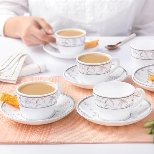 Image of Larah by BOROSIL 140ml Opalware Grandeur Tea /Coffee 6pc Cup & 6pc Saucer Set, Microwave & Dishwasher Safe Embossed Design Crockery Set Ideal for Daily Use & Gifting