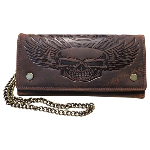 MDM Leder Biker Karten Geldbörse mit Kette Totenkopf Vintage Design RFID-Schutz Braun 17x9x1 5 cm 12 Kartenfächer Münzfach (Braun)