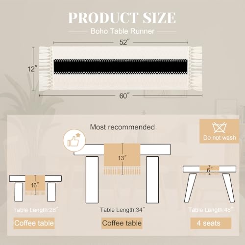 Image of FEXIA Boho Table Runner for Summer Home Decor with Tassels 60 Inches Long Farmhouse Rustic Black Gothic Table Runner Macrame Gothic Burlap Table Decoration for Kitchen Living Room (12x60 Inches)