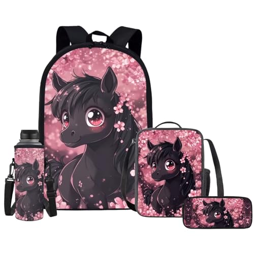 Upetstory Cherry Blossom Horse for Girls School Bag Kids Bookbag Set with Lunch Box Pencil Case Water Bottle Sleeve Elementary Kindergarten Preschool Bookbag Teen Girls Rucksack