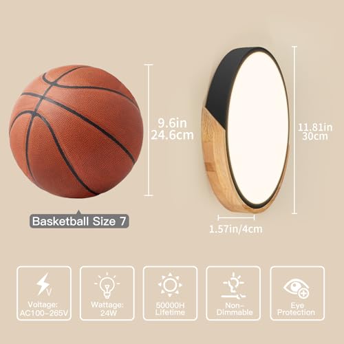 Image of 11.8 Inch Wood LED Flush Mount Ceiling Light 4500K, Black