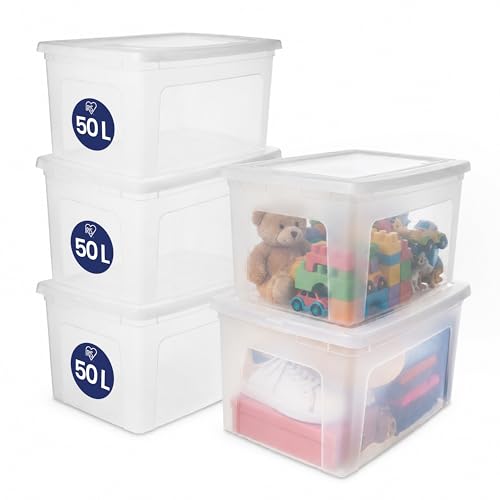 Iris Ohyama, Boite de Rangement Multi-Usages, 50L, Lot de 5, Fermeture Facile, Empilable, en Plastique Transparent, pour Vêtement, Étagères, École,...