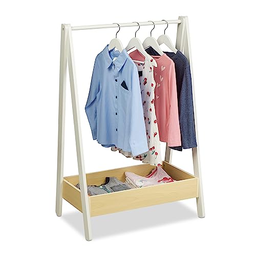 Relaxdays Kleiderständer Kinder, Standgarderobe, HxBxT 99x64,5x42,5 cm, Kleiderstange & Ablage, Kinderzimmer, weiß/natur