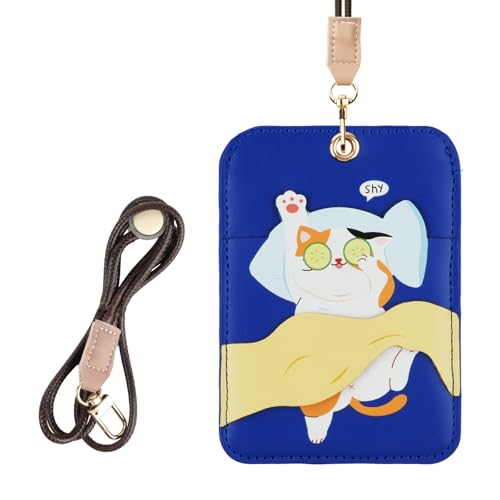 AXFEE Lanyard with Card Holder, Cute Creative PU Leather Keychain, Portable Cartoon Cat Protector with Detachable Lanyard