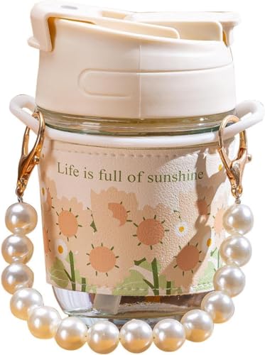 Image of KHOLAD Glass Travel Sipper With Double Drink Straw And Lids Pack Of 1,Reusable Coffee Mugs With Pearl Chain Belt & Sleeve,Kids Girls Tumbler For Juice Smoothies Milk Cups (White), 350 Ml