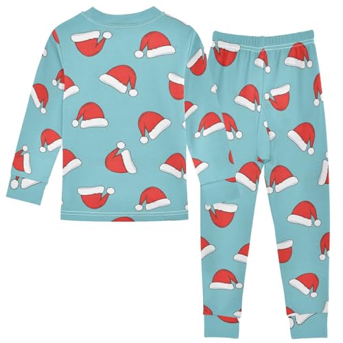Pajama Sets Long Sleeve Christmas Santa Hats on Blue Soft Comfy Sleepwear 2 Piece PJS 3-8T3