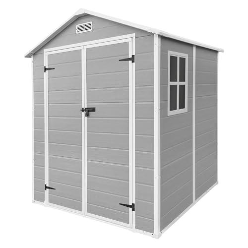 ECD Germany Caseta de Jardín con Suelo, 5m³ 151x182x220 cm Gris Claro, Cobertizo Exterior de Plástico para Almacenamiento de Herramientas, con Tejado en Dos Aguas, Puerta y Ventana de Ventilación