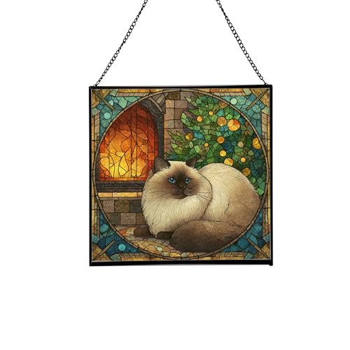 Himalayan Cat Christmas Stained Glass Suncatcher – Square Hanging Holiday Window Panel with Cozy Fireplace Scene – Winter Glass Art Decoration Gift for Animal Lovers, Pet Owners nJquEm