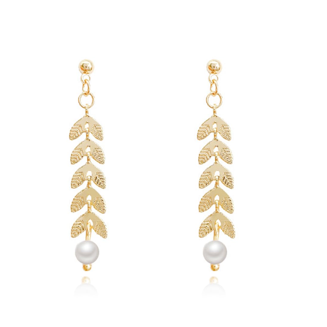 KSIUW 1 Par de pendientes de perlas de trigo para mujer, pendientes de hoja de acero inoxidable, antialérgicos, joyería para mujer, dorado