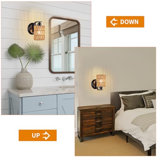 Zswanbei WBBIDENGR001 Boho Rattan Wall Sconces Set Of Two Bedside Wall Lamp Hardwired Hand-Woven Farmhouse Wall Sconce Indoor Wall Lights thumb #4