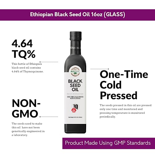 Bionatal Ethiopian Black Seed Oil 16oz (GLASS), Cold-Pressed, Non-Filtered, Nigella Sativa Seeds