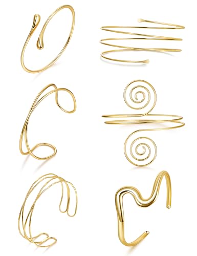 6Pcs Arm Cuff Gold Upper Arm Cuff Bracelet for Women Adjustable Open Cuff Bangle Minimalist Coil Swirl Armlet Armband Jewelry Set