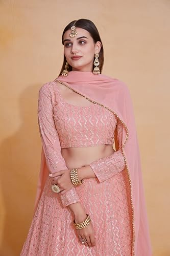 Image of JIHU CULTURE Georgette Sequence Lucknowi Embroidery Work Semi sttiched Lehenga choli set for women