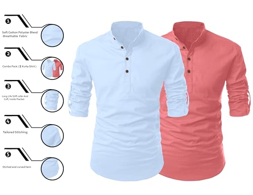 Image of FINIVO FASHION Combo of Men's Cotton Blend Solid Regular Fit Full Sleeve Straight Short Kurta Shirt, Casual and Formal Wear