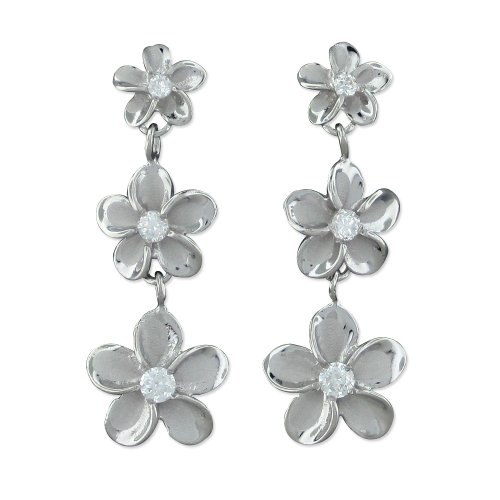 Sterling Silver Three Plumeria Dangle Earrings