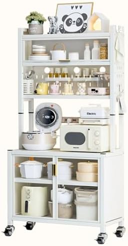 Freestanding Kitchen Storage Cabinet with Microwave Stand, Mobile Cupboard on Wheels, Adjustable Height Sideboard, Flip Door Design, Tall Kitchen Organizer (45cm/17.7in)