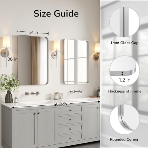 Image of USHOWER Brushed Nickel Bathroom Mirror 24 inchx36 inch, Silver Rectangle Mirror for Over Sink, Rounded Corner, Aluminum Frame, Anti-Rust, Tempered Glass, Horizontal or Vertical Mounted