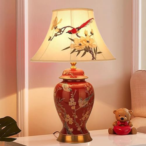 XINYASEE Lampe de table en céramique peinte, lampe de chevet rétro avec abat-jour en tissu, lampe de bureau, llampe à poser pour la chambre à coucher et le salon E27 (rouge)
