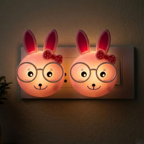 ascension Rabbit Shaped Night Light 2 Watt LED Nursery Lamp, Soft Warm Light Automatic Sensor Nightlight for Kids Bedroom, Hallway, Bathroom Decor Birthday Party Return Gifts Item Pink (Pack of 2)