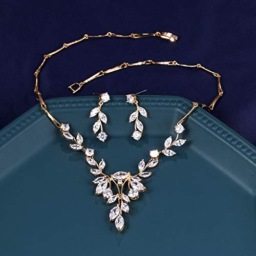 Weimanjewelry Women Marquise Cut Cubic Zirconia Leaf Bridal Y-Necklace And Dangling Earring Jewelry Set For Wedding (Gold) #TOP3