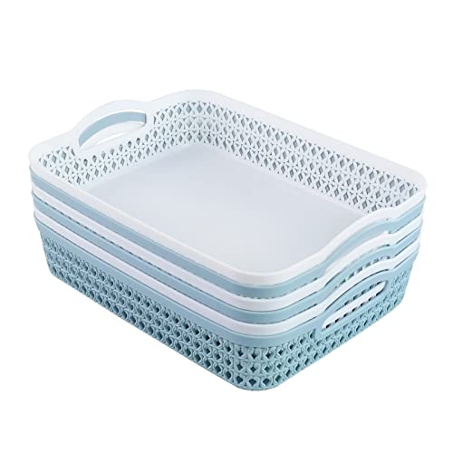 Readsky Aufbewahrungskörbe aus Kunststoff, flach, mit Griffen, für Bürobedarf, Weiß und Mintgrün, 6 Stück Cover