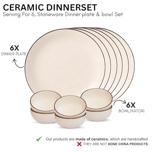 Image of Freakway Handcrafted Ivory White Stoneware Pack of 12 Pieces Ceramic Dinner Set 6 | Crockery Set for Dining Table | Glossy Finish | 6 Dinner Plates & 6 Bowl /katori | Microwave & Dishwasher Safe