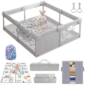 Large Baby Playpen with Mat, 71“x59“ playard for Babies and Toddlers, Big Playpen with Storage Bag, Ocean Balls, Playard Gym for Babies, Activity Center, Kids Fence Light Gray (71“x 59”)