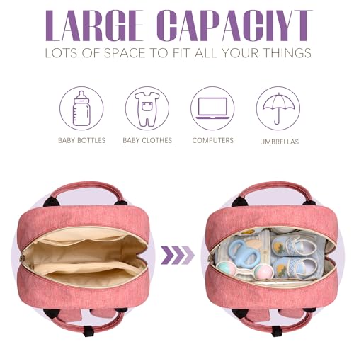 Image of Tuwubi Diaper Bag Backpack, Baby Essentials Travel Tote Bag, Multi function Waterproof Backpacks, Travel Essentials with Stroller Straps & Pacifier Case - Pink