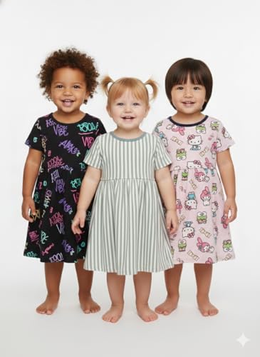 Image of Kids 3 Combo Cotton Frock for Girls | Multicolour Knitted Summer Dress | Below Knee Baby Girl Dress with Round Neck & Cup Sleeves (Random Colours)