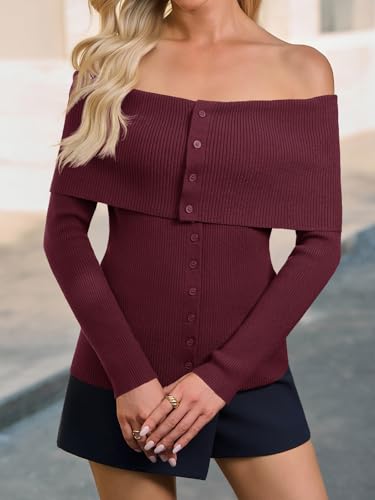 Saodimallsu Womens Off The Shoulder Sweaters Long Sleeve Fitted Ribbed Knit Button Down Trendy Date Night Sweater Tops3