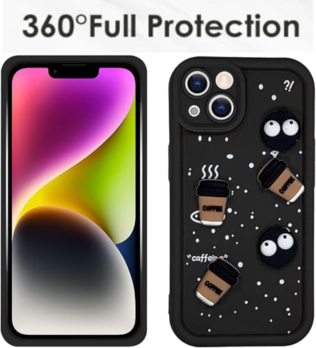 Image of GoldKart Back Case Cover Compatible for iPhone 13 /14 | Cute Fun Cartoon 3D Ball Coffee Silicone Case | Full Body Protection Back Cover for iPhone 13 /14 - Black