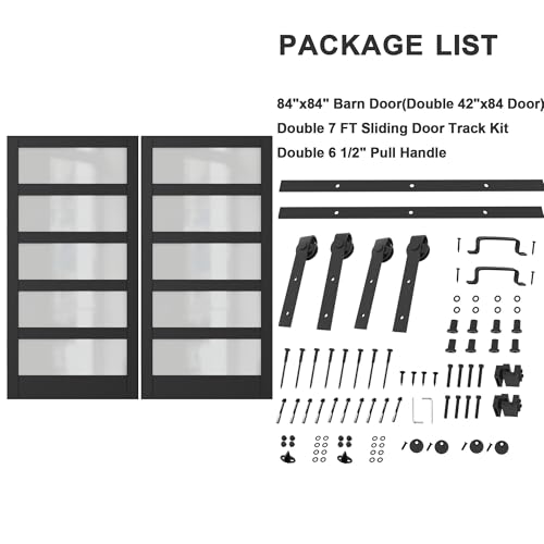 Image of 84 inchx84 inch Frosted Glass Barn Door with 14FT Sliding Hardware & Handle, Black