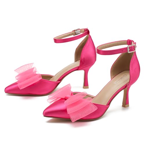 LIURUIJIA Women's Closed Toe Bow Heels Ankle Strap Pointed Toe Satin Low Heel Pumps Comfortable Wedding Bridal Party Prom Dress Shoes2