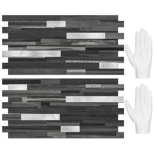 STICKGOO 20 Sheets Peel and Stick Backsplash Tile, Stick on Backsplash for Kitchen and Bathroom, Black Grey Wood Look PVC Mixed Metal Silver Self Adhesive Wall Tiles 20 Black Grey + Metal Si