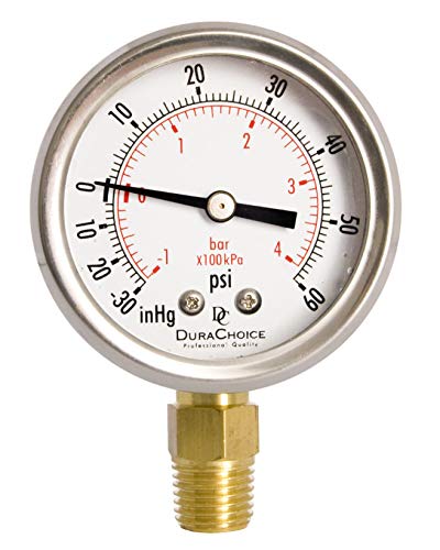 Durachoice 2" Oil Filled Vacuum Pressure Gauge - Stainless Steel Case, Brass, 1/4" Npt, Lower Mount Connection, 30Hg/60Psi #TOP4
